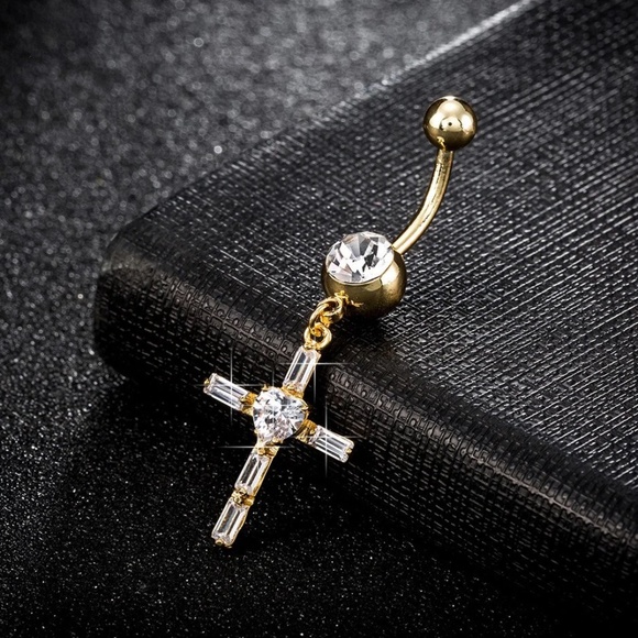Crystal Baguette Heart Cross Belly Ring - Picture 1 of 4